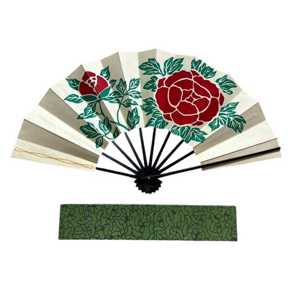 Vtg Japanese Mai Sensu Folding Dance Fan 12in Red Peony Botan Bamboo Odori Japan